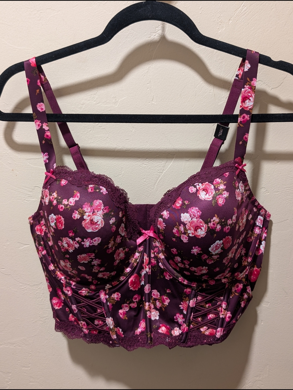 NWT Victoria Secret Dream Angel Lace-Trim Corset Bra in Burgundy/Pink Roses 38D